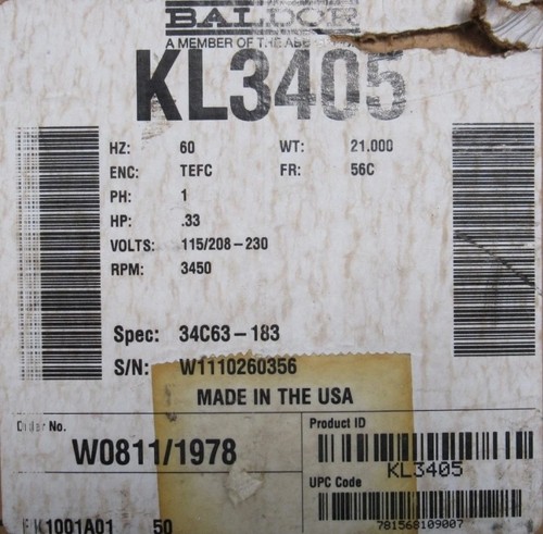 New baldor kl3405 motor - baldor,